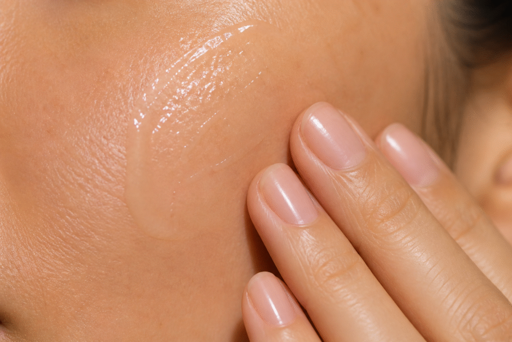 Close-up of skin with product absorbing 