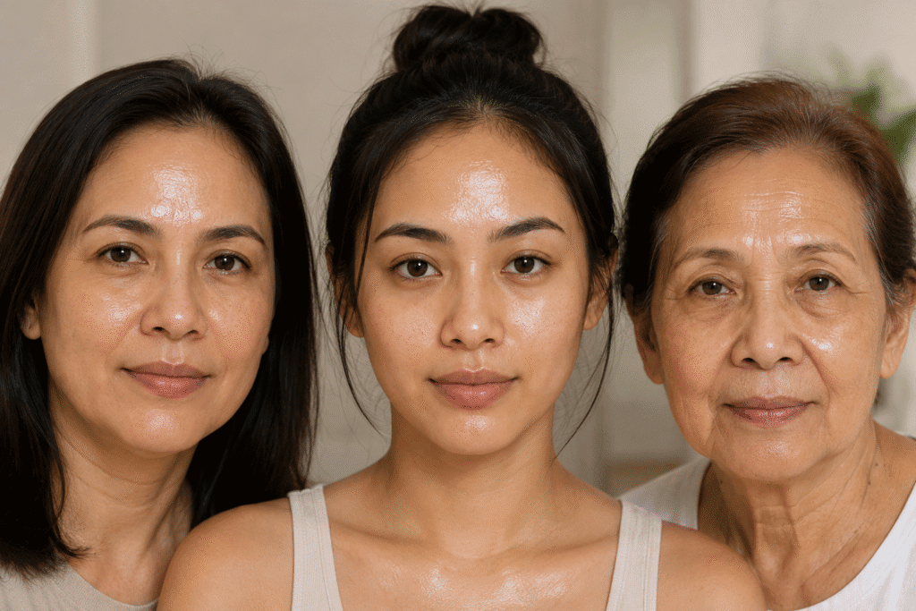 Three generations of women with naturally oily foreheads