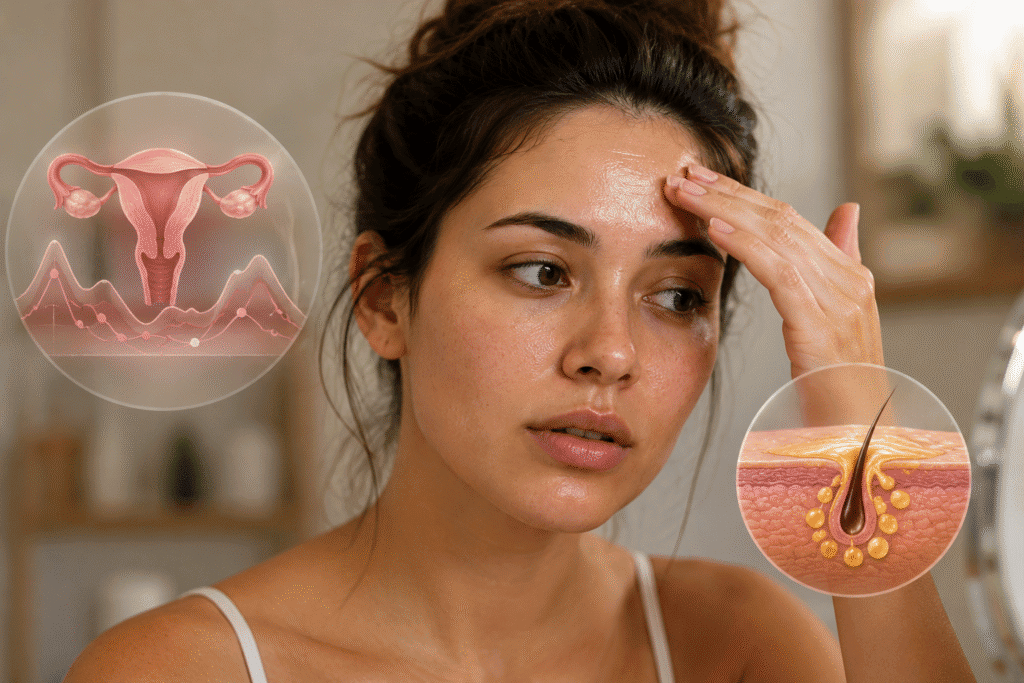 Woman with an oily forehead illustrating how hormonal changes can increase oil production.