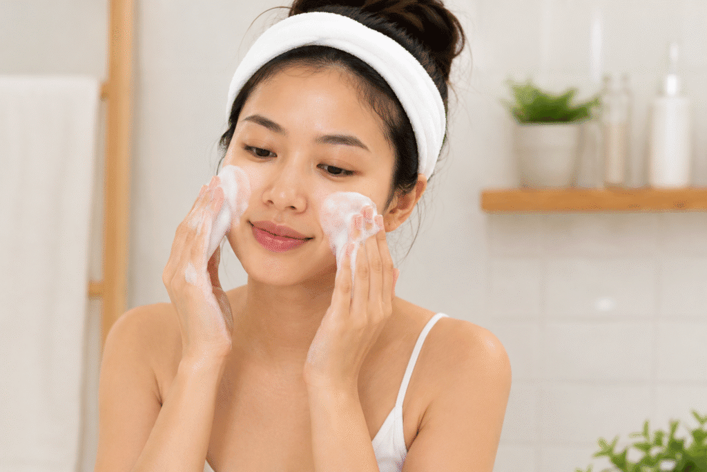 Woman gently cleansing her face
